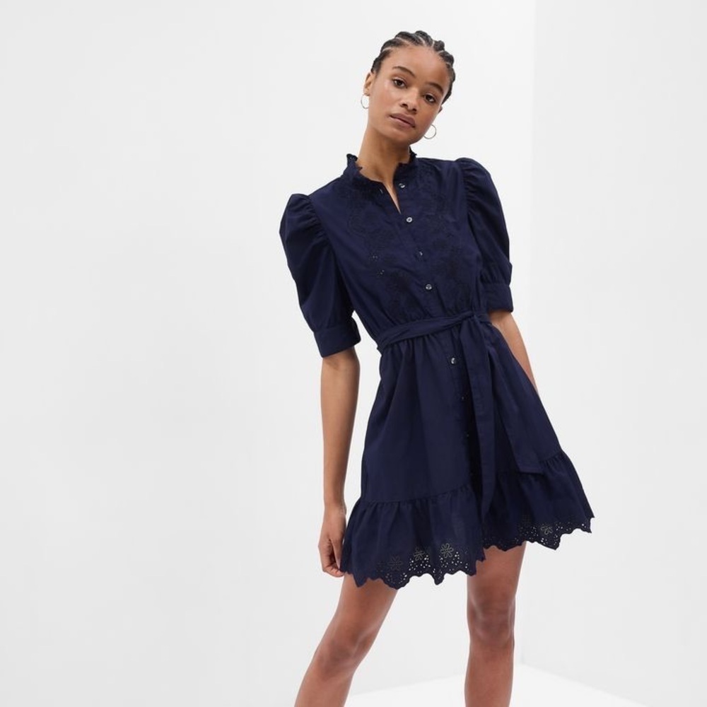 Gap navy blue eyelet cotton puff sleeve shirt dress - Small NWT